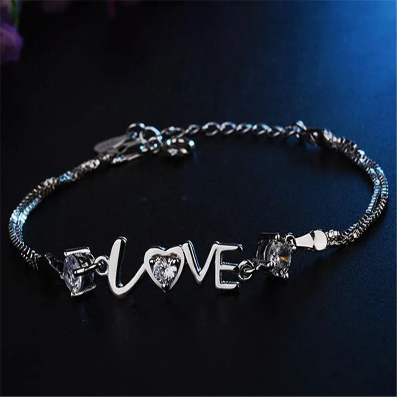 Heart Love Round Cubic Zirconia Double Layer Box Chain Bracelet Real 925 Sterling Silver Fine Jewelry For Women Party Gift