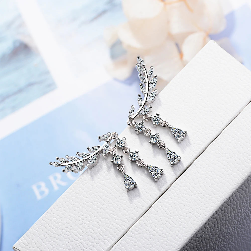 925 stamp silver color Earrings Luxury Crystal Earrings Water Drop Long Leaves Aaa Zirconia Earring For Women Wedding Bride Gift