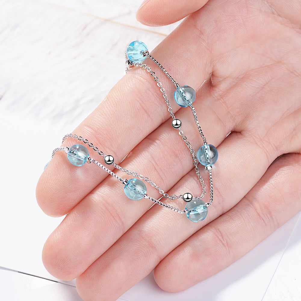 New Fashion Double Layer Blue Crystal 925 Sterling Silver Jewelry Personality Sweet Transfer Beads Bracelets Sb166