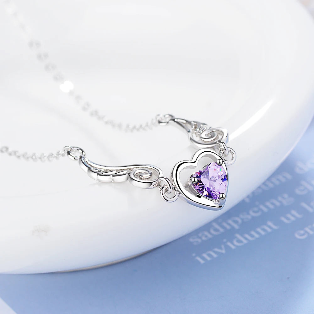 Hot Sale Silver Jewelry Love Angel Wings Necklace Dream Love Heart Crystal Zirconia Necklace Women Birthday Present S-n01