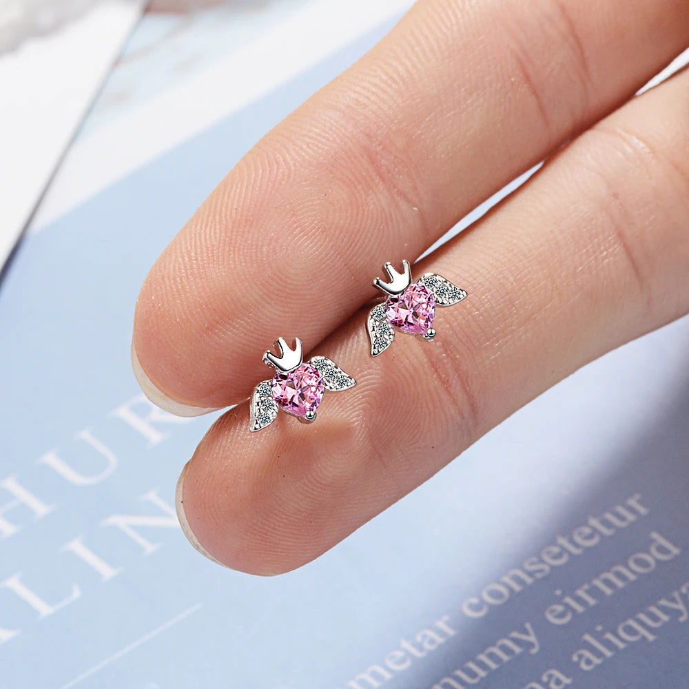 925 Sterling Silver Pink Heart Stud Earrings For Women Silver Crown Earrings For Girl Engagement Fine Jewelry