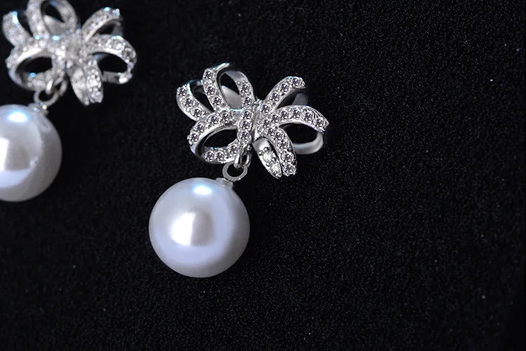 925 silver needle Jewelry Shiny Cz Zirconia Bowknot Pearl Stud Earrings Pendientes Boucles D'oreilles Oorbellen S-e351