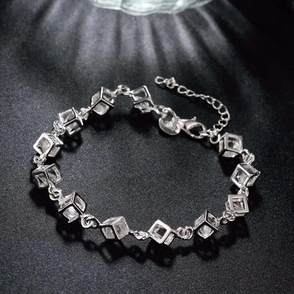 Lekani  New Luxury Austrian Crystal Cubes Bracelet For Women 925 stamp silver color Fine Jewelry Charm Bijoux Bracelets