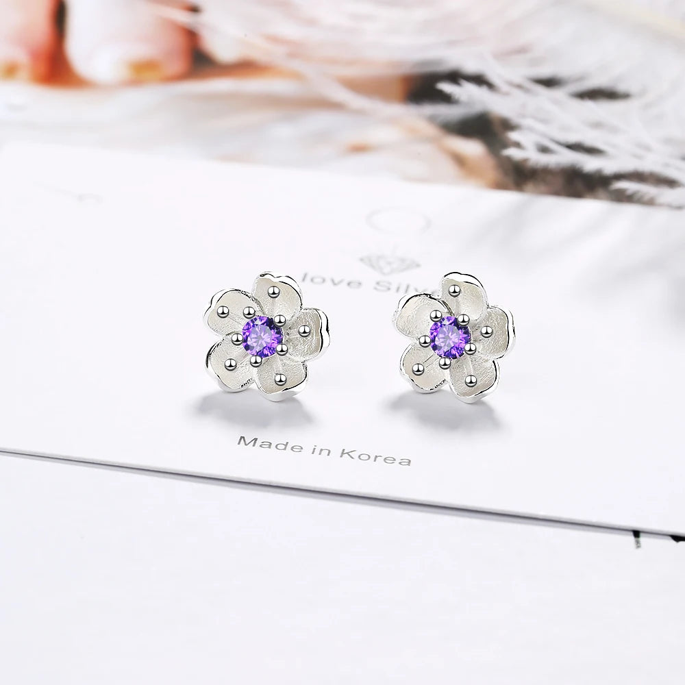 925 Sterling Silver White/purple/pink Zirconia Cherry Blossoms Flower Earring For Women Sterling-silver Fine Jewelry Pendientes