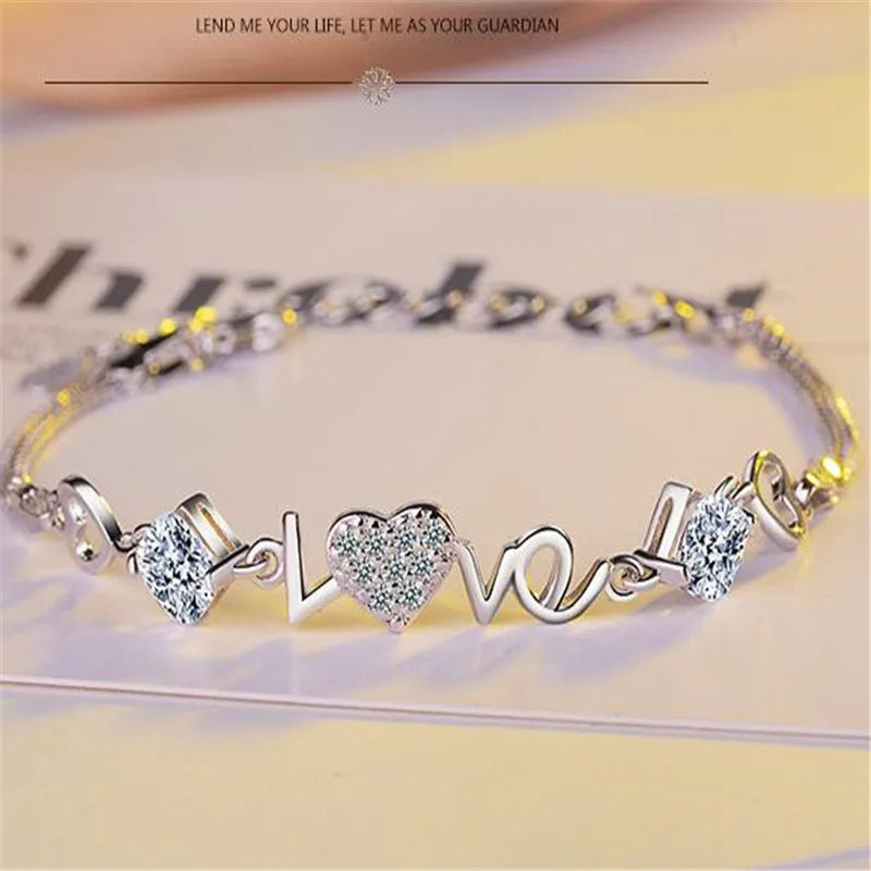 925 Sterling Silver Crystal Heart Charm Bracelet For Women Bracelets & Bangles For Female Girls Gift Pulseira Feminina