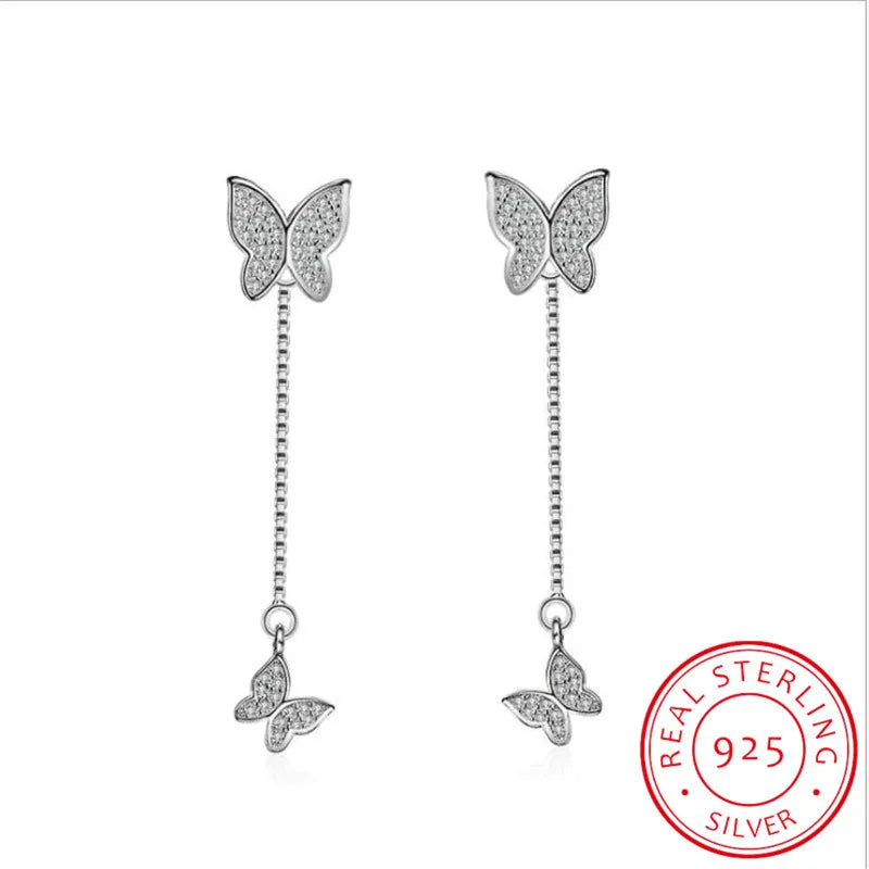 925 Sterling Silver Earrings For Women Dazzling Micro Cz Zirconia Butterfly Tassel Earrings Oorbellen S-e559