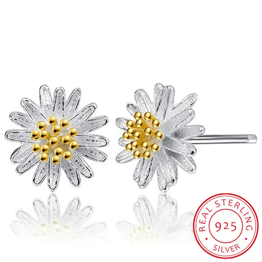 2019 Sweet Cute Simple Zircon Daisy Flower Sunflower 925 Silver Stud Earrings For Women Girls Charm Statement Jewelry Gift