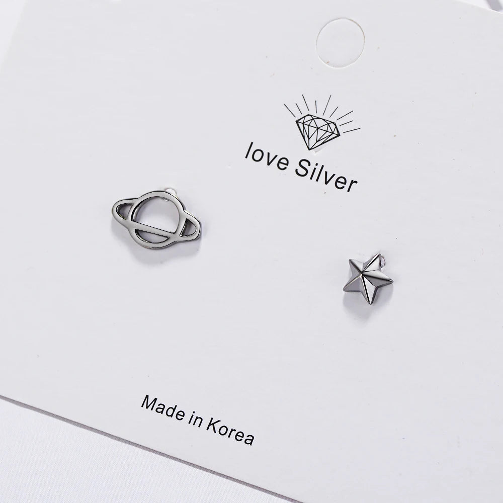 100% 925 silver needle Asymmetry Planet Star Stud Earrings For Women Simple Fashion Party Jewelry