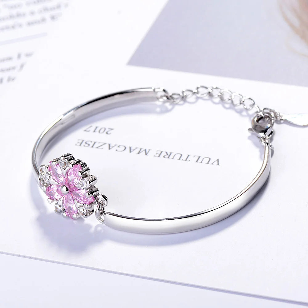 Fashion Exquisite 925 Sterling Silver Jewelry Personality Sakura Cherry Blossoms Flower Female Gift Beautiful Bracelets Sb101