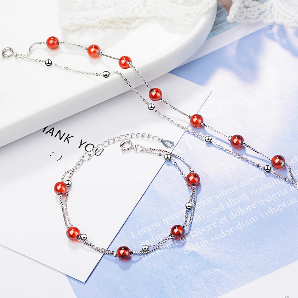 925 Sterling Silver Fashion Women's Jewelry Red Garnet Stone Double Layer Beads Bracelet 16cm For Gift Girls Lady Drop Shipping