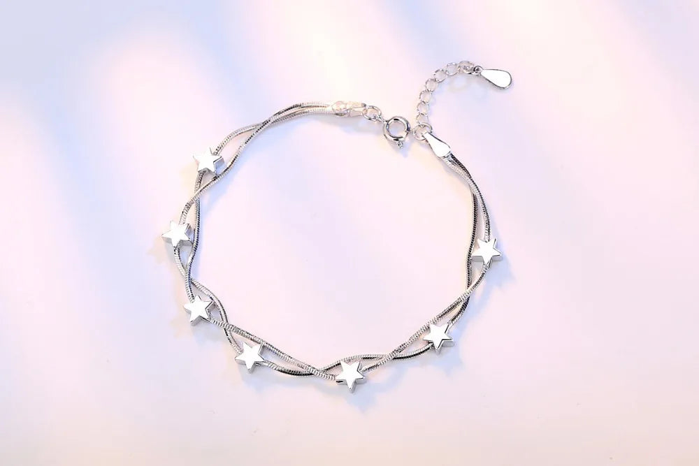 925 Sterling Silver Bracelet Square Box Star Double Chain Adjustable Bracelet Anklet For Women Pulseira S-b167