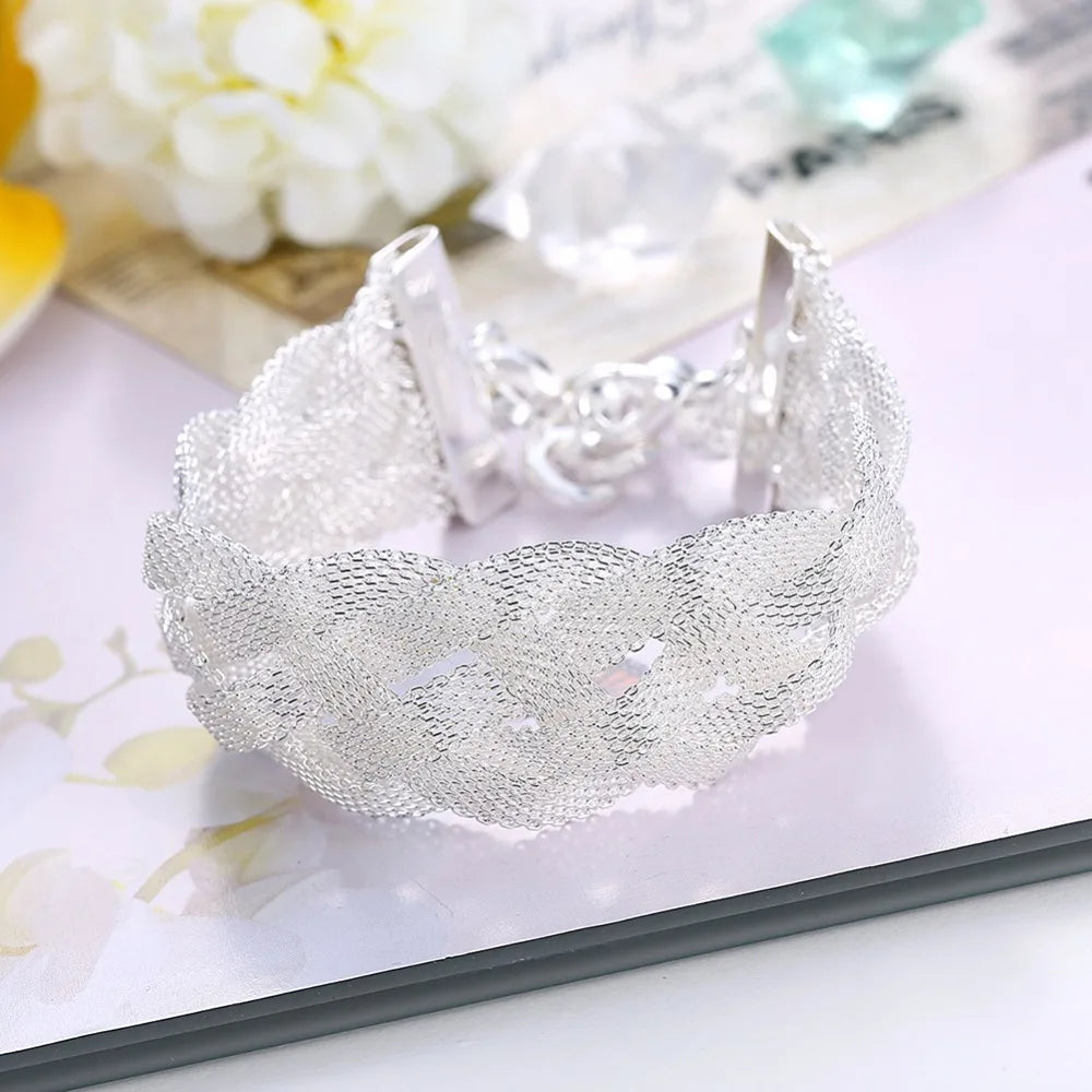 Lekani 21cm Mesh Cross Bracelets 2.5cm Big Width Twist Bangles Fine Jewelry 925 stamp silver color Bangles Pulseira De Prata