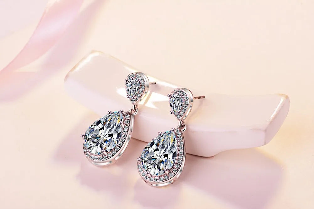 925 Sterling Silver Pink/white Cubic Zirconia Bridal Engagement Waterdrop Cz Stud Earrings For Women Wedding Fine Jewelry Gift