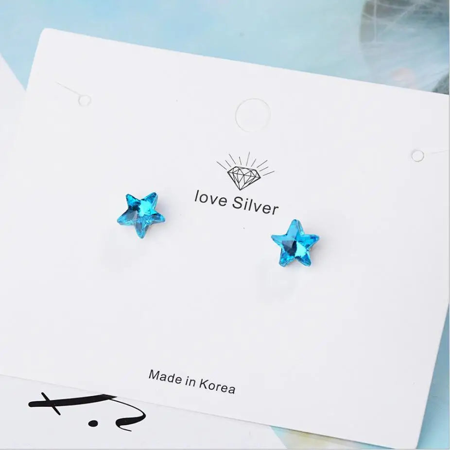 925 Silver Pentagram Star Stud Earrings With Crystals  Original Fine Jewelry For Women Girls Christmas Gift