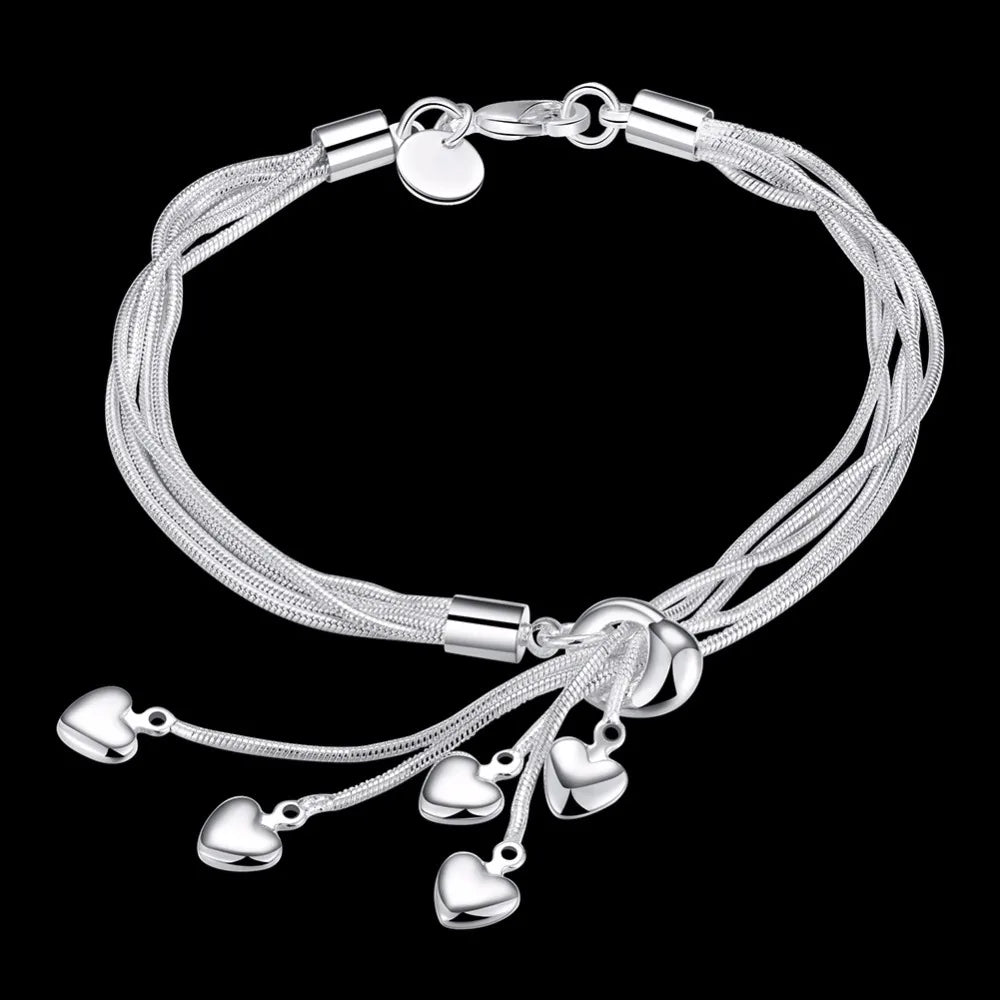 New Arrival 925 Sterling Silver Bracelets Elegant Multilayer Love Heart Tassel Pendant Chain Bracelet For Women Fine Jewelry