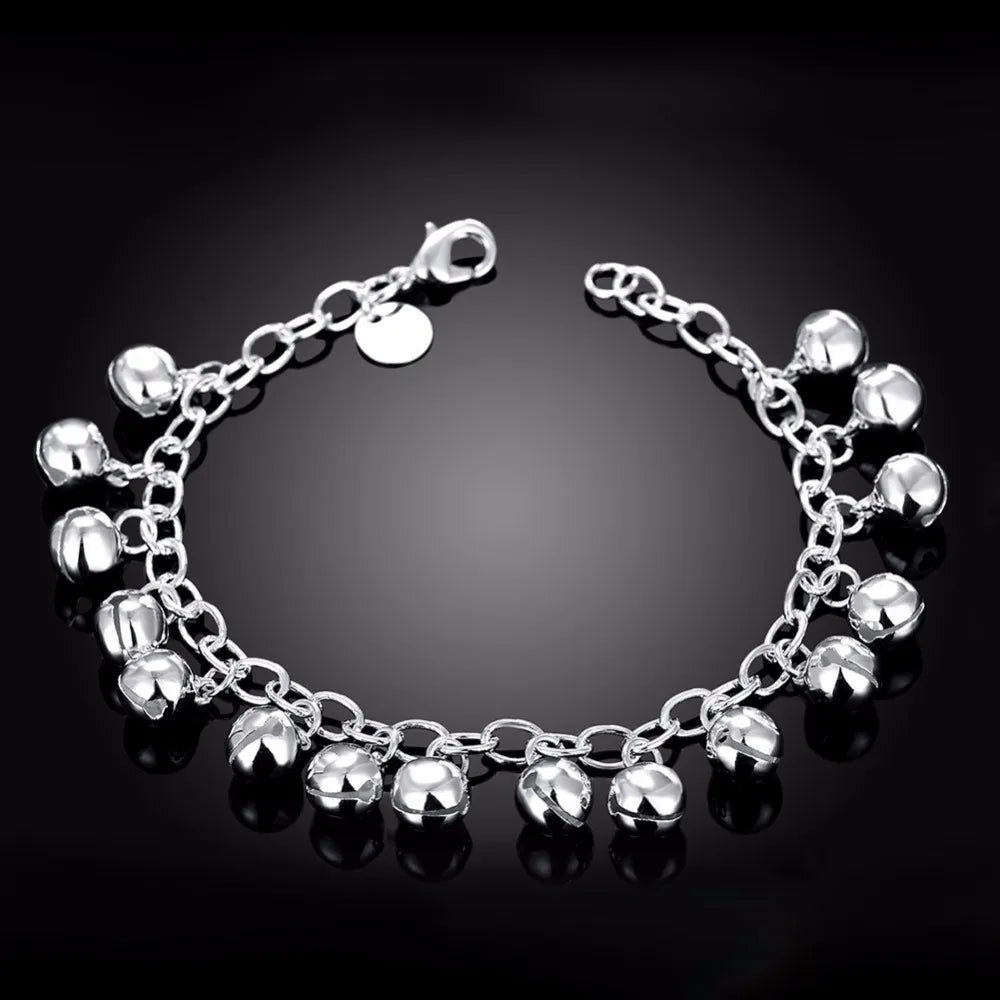 Fine Jewelry Woman's Charm Bracelet 925 stamp silver color Rolo Hand Chain Small Bells Bracelet Bangle For Women Girls