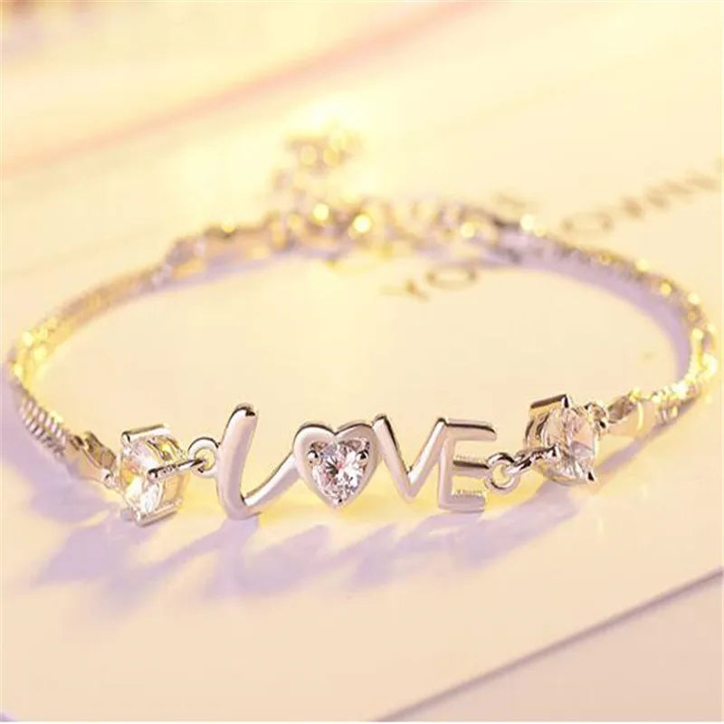 Heart Love Round Cubic Zirconia Double Layer Box Chain Bracelet Real 925 Sterling Silver Fine Jewelry For Women Party Gift