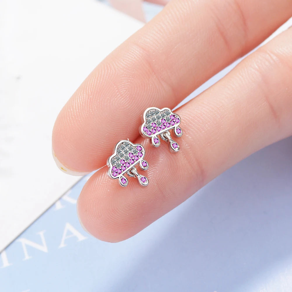 100% 925 Solid Real Sterling Silver Jewelry Colorful Cz Rainbow Cloud Stud Earring Women Friend Girl Lady