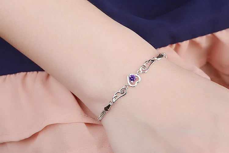 100% 925 Sterling Silver Double Angel Wings Heart Charm Bracelets For Women White/purple Crystal Jewelry Pulseira Feminina