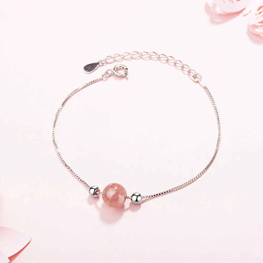 Simple Fashion Natural Strawberry Crystal Lucky Bead Bracelet For Women Girl Gift 925 Sterling Silver Baraclet S-b192