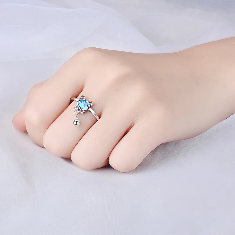 Simple Cute Blue Cat Bead Tassel Adjustable Ring For Women Girl 925 Sterling Silver Ring Anillos Bague Mujer