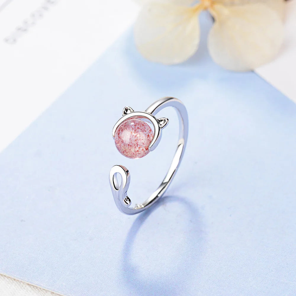 100% 925 Sterling Silver Cat Ring Cute Animal Strawberry Crystal Finger Rings For Women Adjustable Engagement Jewelry