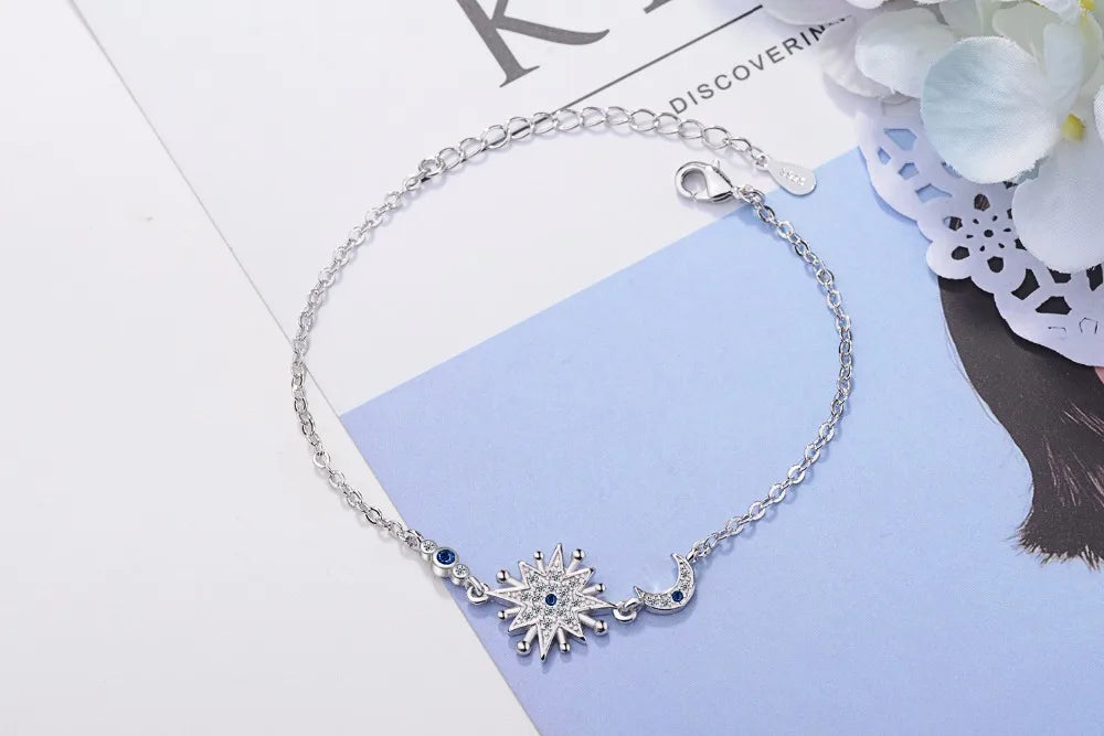 Hot Sale 925 Sterling Silver Micro Cz Moon Star Bracelet For Women Zirconia Fine Jewelry Pulseira S-b189