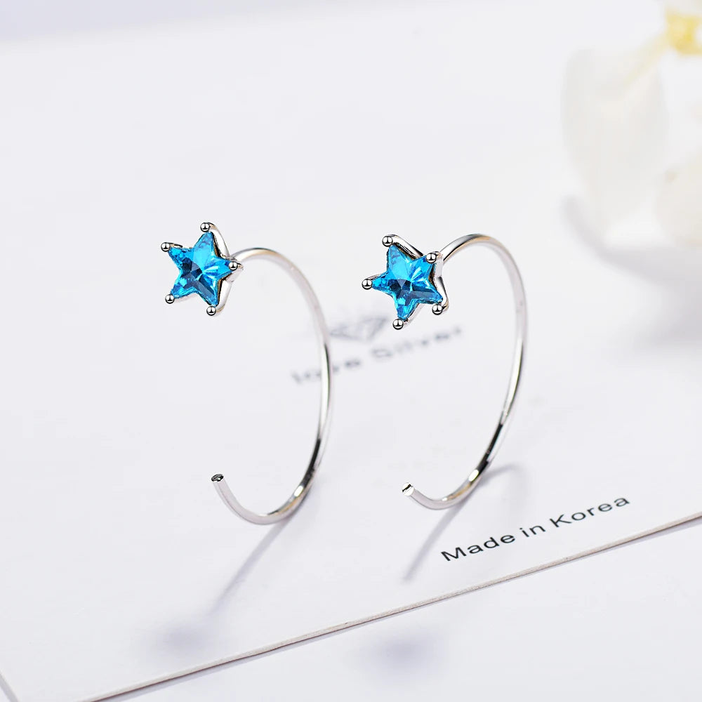 1pair Fashion 925 stamp silver color Star Blue Crystal Ear Clip With No Pierced Clip Earrings Ear Cuffs For Women Punk Charm