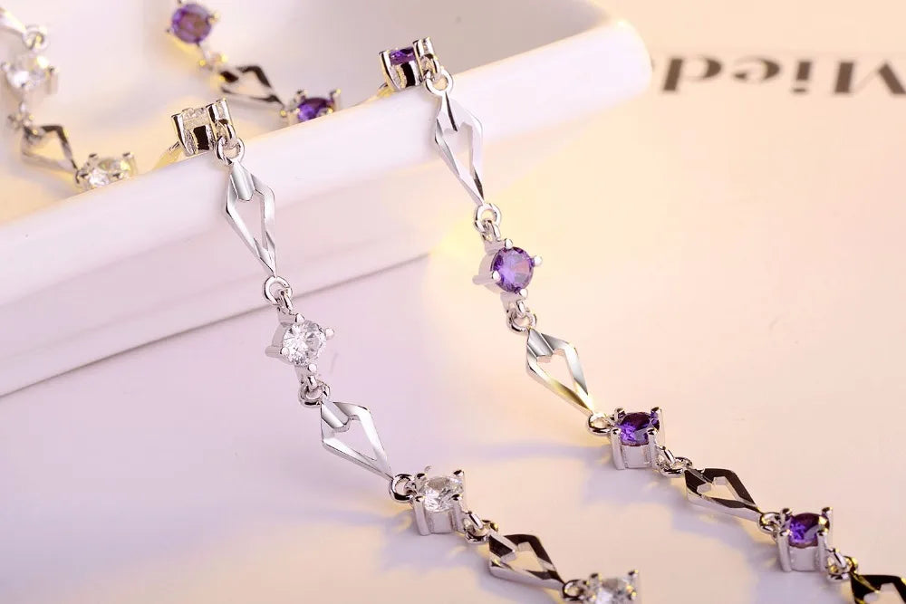 Real 925 Sterling Silver White/purple Zirconia Chain Bracelet Minimalist Fine Jewelry For Women Birthday Party Accessories Gift