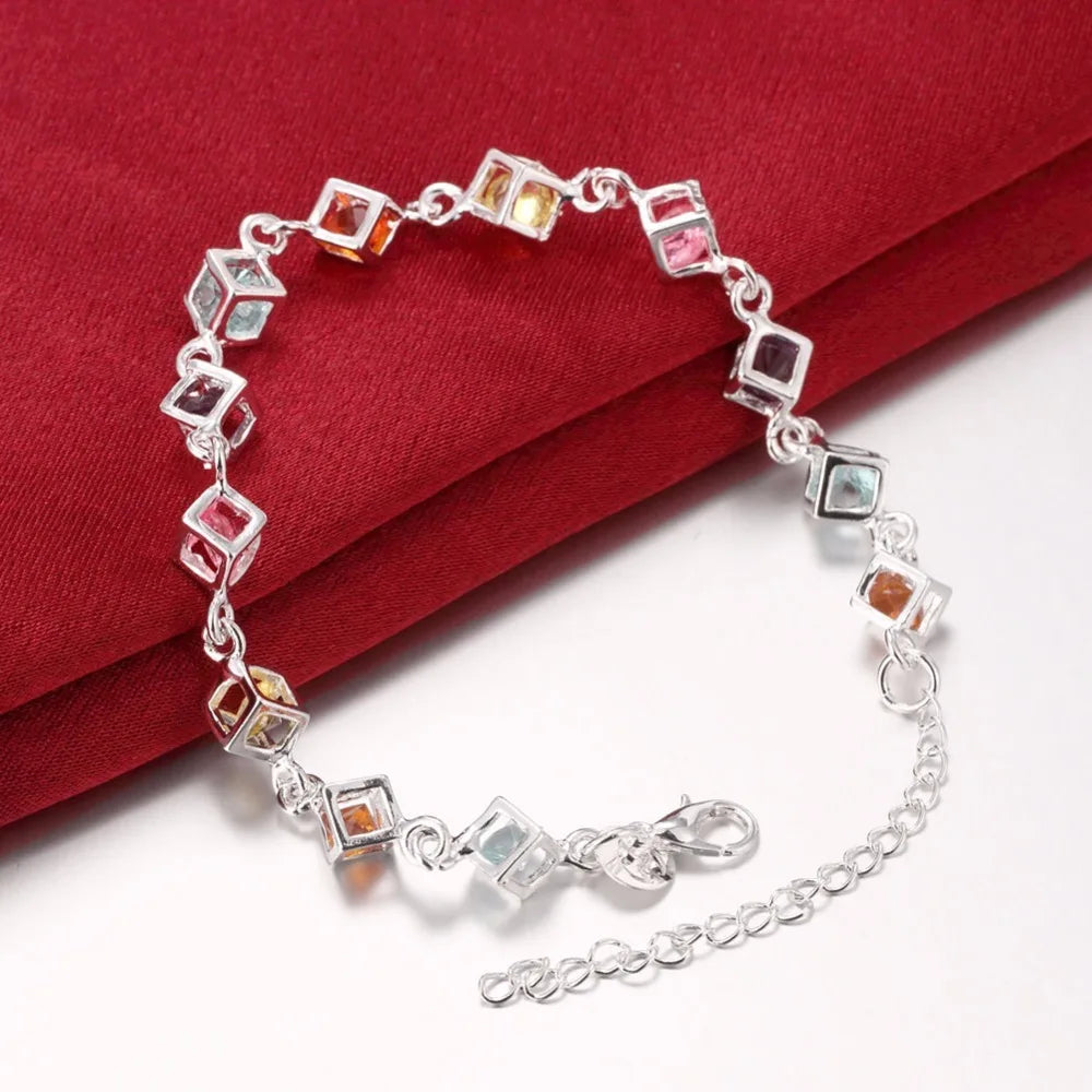 Hot Sale Shiny Cz Crystal Happiness Cube 925 stamp silver color Woman Girl Bracelet Multicolored Cube Rainbow Fine Jewelry