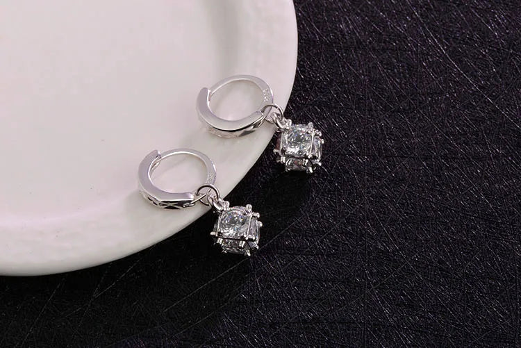 925 stamp silver color Earrings Cubic Square Cube Candy Zircon Ball Drop Earrings Brincos Valentine's Day Present S-e19