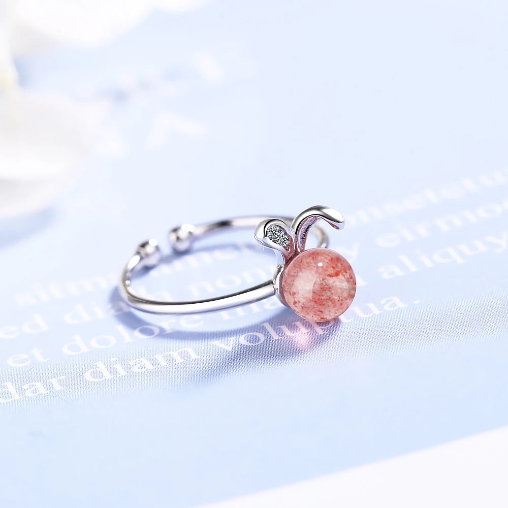Real 925 Sterling Silver Pink Strawberry Crystal Rabbit Rings For Women Opening Adjustable Ring Jewelry Girls Birthday Gift