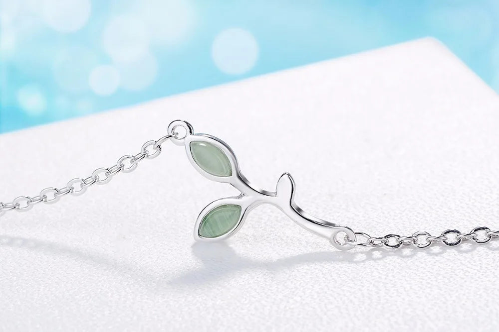 100% 925 Sterling Silver Opal Green Leaves Buds Charm Bracelets For Women High Quality Fine Jewelry