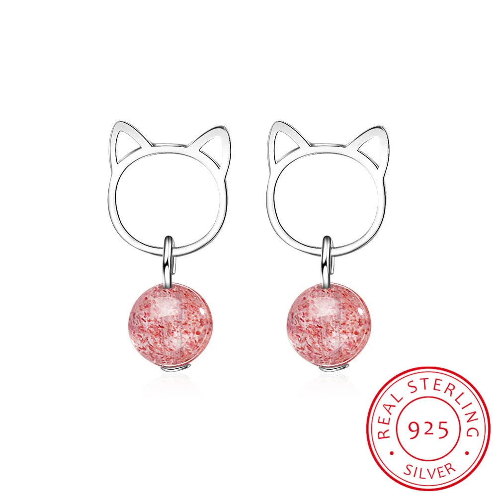 925 Real Sterling Silver  Women Fashion Cute Pink Strawberry Crystal Cat Stud Earrings For Daughter Girls Ds718