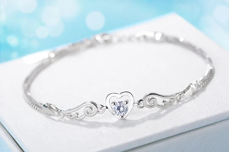 100% 925 Sterling Silver Double Angel Wings Heart Charm Bracelets For Women White/purple Crystal Jewelry Pulseira Feminina