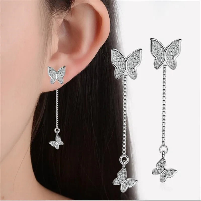 925 Sterling Silver Earrings For Women Dazzling Micro Cz Zirconia Butterfly Tassel Earrings Oorbellen S-e559