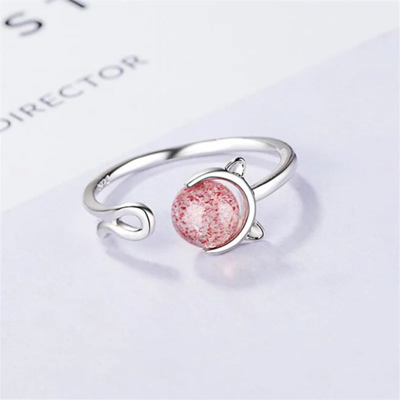100% 925 Sterling Silver Cat Ring Cute Animal Strawberry Crystal Finger Rings For Women Adjustable Engagement Jewelry