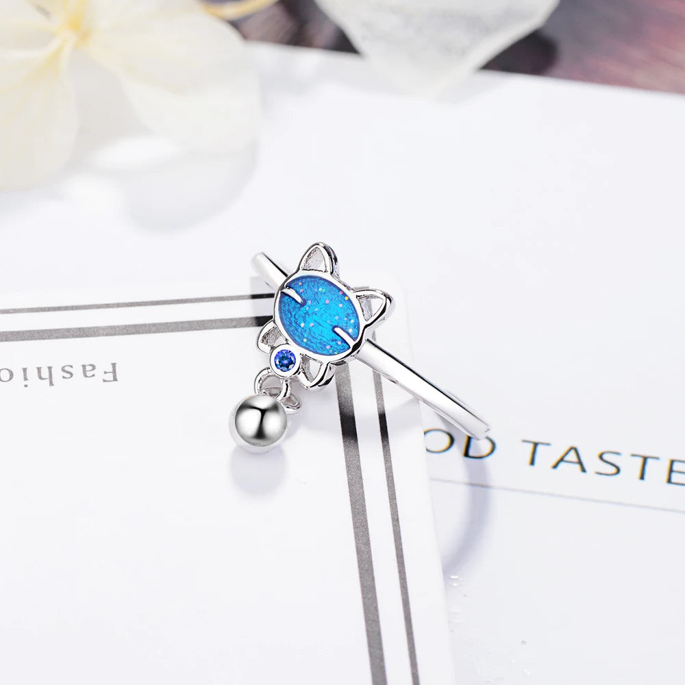 Simple Cute Blue Cat Bead Tassel Adjustable Ring For Women Girl 925 Sterling Silver Ring Anillos Bague Mujer