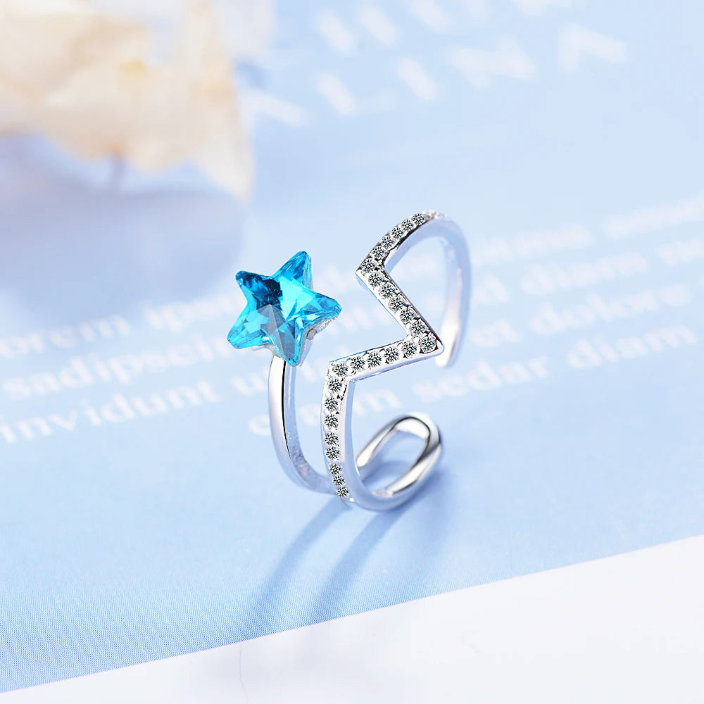 New Temperament Fashion Wild Women Blue Crystal 925 Sterling Silver Jewelry Personality Stars Opening Rings Sr380