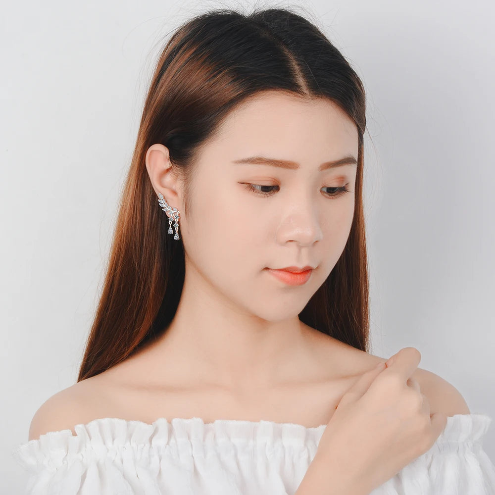 Newest Style Free Shipping Fashion 925 silver needle Wings Stud Earrings Crystal Tassel Earrings Jewelry Pendientes Brincos