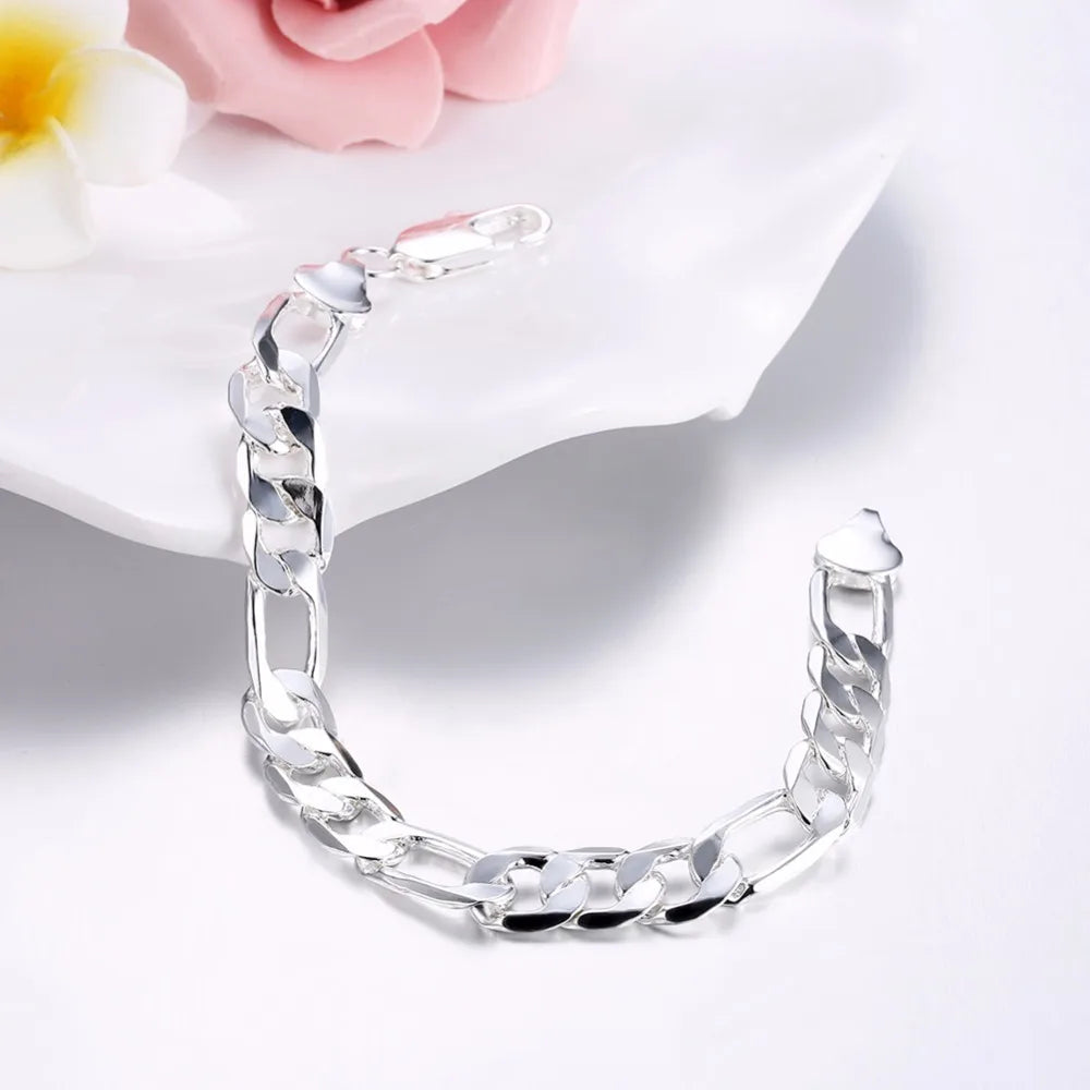 Lekani  New Fashion 925 stamp silver color Bracelet 12mm Wide Men's Figaro Chains 21cm For Men's Women Fine Jewelry Pulseiras