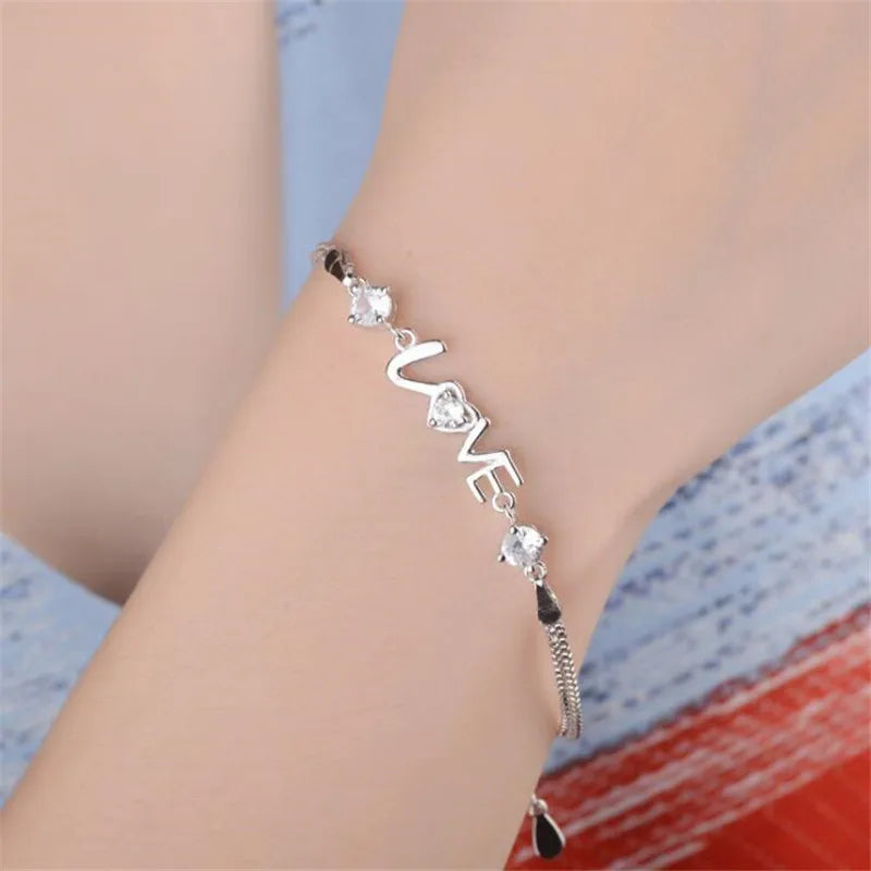 Heart Love Round Cubic Zirconia Double Layer Box Chain Bracelet Real 925 Sterling Silver Fine Jewelry For Women Party Gift