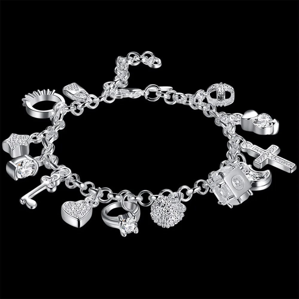 925 stamp silver color 13 Charms Cross Lock Key Heart Star Moon Flower Zircon Bracelet Bangle Women's Fine Jewelry Accessories