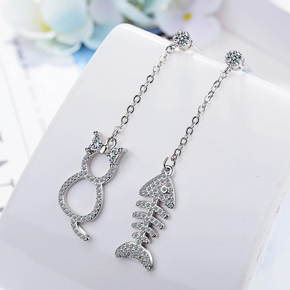 925 silver needle Earrings Mosaic Cz Zirconia Cat Fish Long Tassel Earrings For Women Oorbellen Brincos S-e390