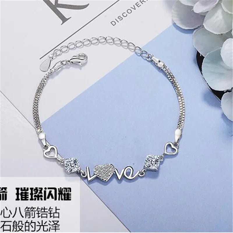 925 Sterling Silver Crystal Heart Charm Bracelet For Women Bracelets & Bangles For Female Girls Gift Pulseira Feminina