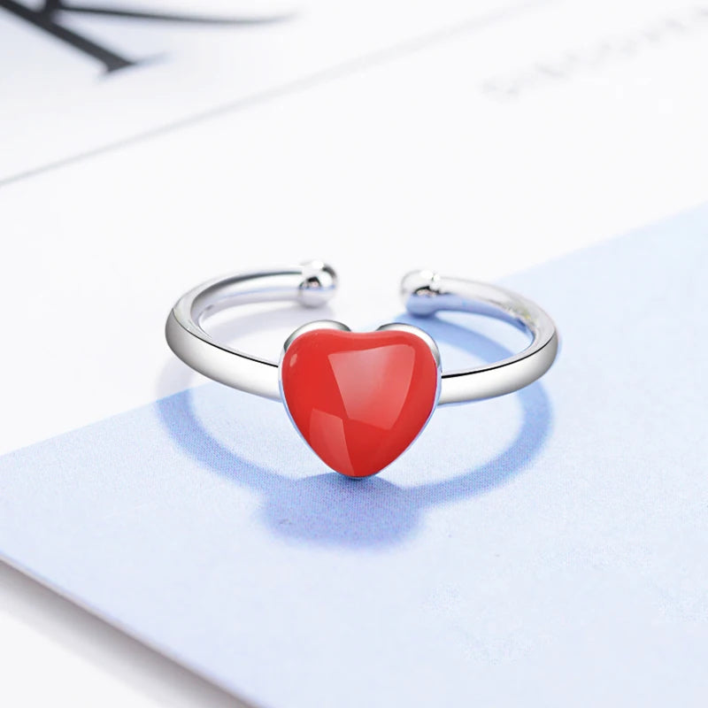 100% 925 Real Sterling Silver Fine Jewelry Red Heart Cocktail Ring Sizable 5 6 7 Girl  Kids Xmas Gift Xy855