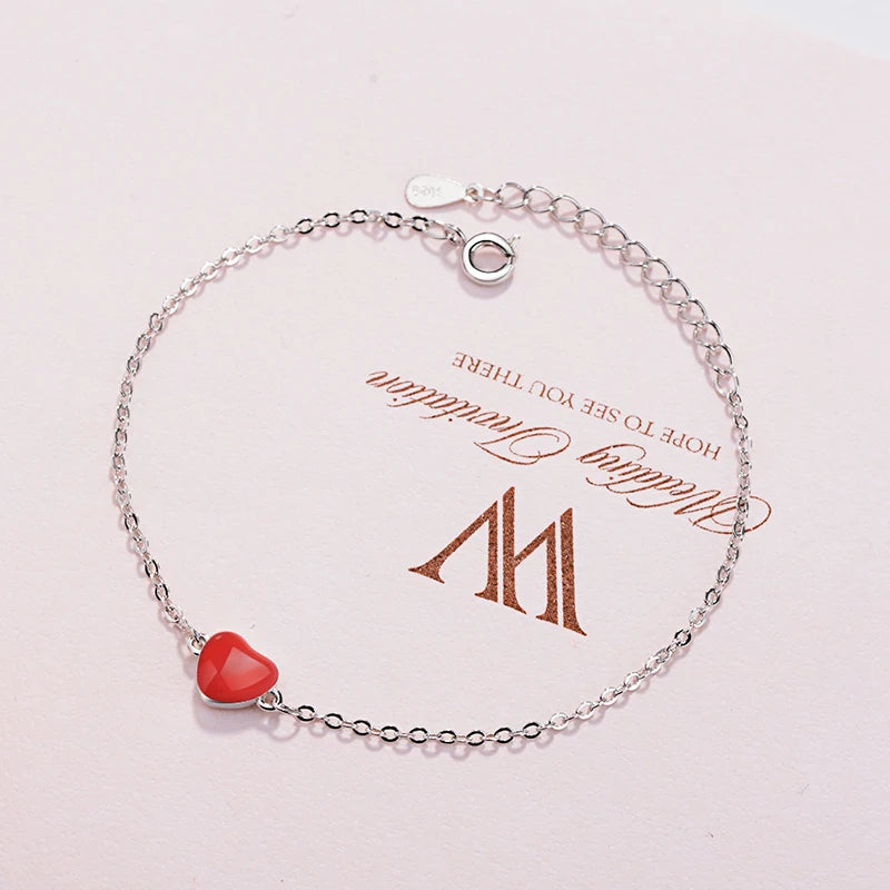 Lucky Double-sided Red Heart 925 Sterling Silver Bracelet For Women Simple Fashion Sterling-silver Jewelry S-b130