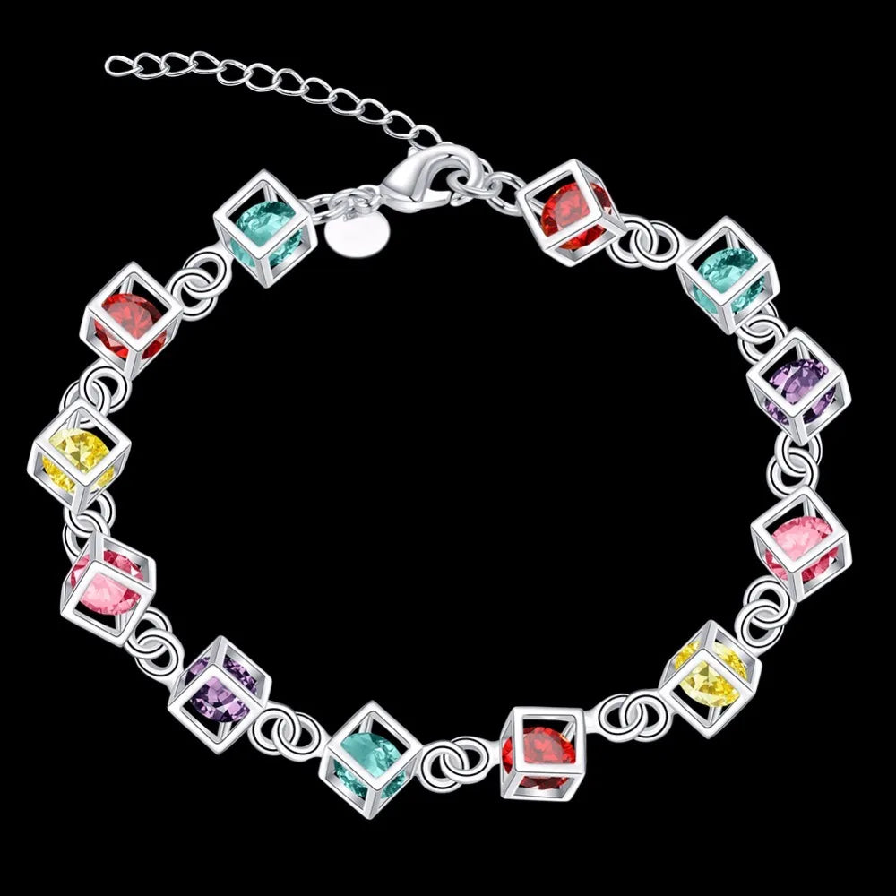 Hot Sale Shiny Cz Crystal Happiness Cube 925 stamp silver color Woman Girl Bracelet Multicolored Cube Rainbow Fine Jewelry