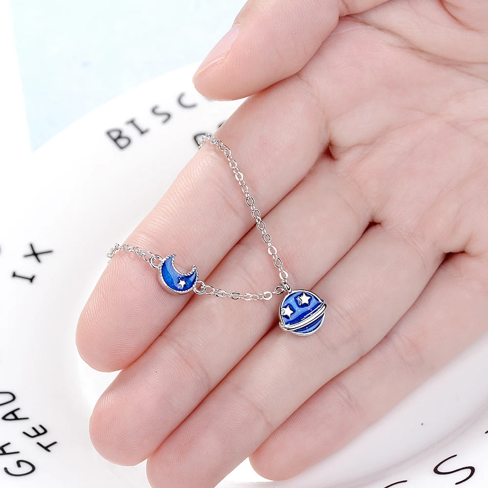 Lovely 925 Sterling Silver Shiny Star Moon Planet Chain Link Bracelets Bangles For Women Fashion Valentine's Day Gift