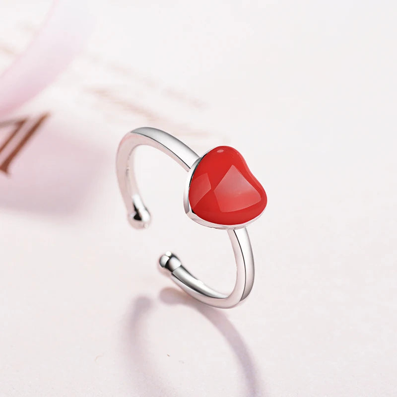 100% 925 Real Sterling Silver Fine Jewelry Red Heart Cocktail Ring Sizable 5 6 7 Girl  Kids Xmas Gift Xy855